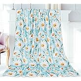 JarThenaAMCS Floral Fuzzy Blanket Watercolor Daisy Flowers Throw Blanket Blue Decorative Soft Cozy Flannel Blanket for Home Bed Sofa Couch Chair, 50 x 60 Inch