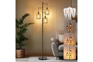 ROTTOGOON Dimmable Boho Floor Lamp - 3 Light Farmhouse Rattan Floor Lamp for Living Room, Industrial Tree Floor Lamps with 3 X 6W LED Bulbs, Rustic Standing Tall Lamp for Bedroom, Office, 68", Black