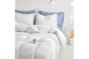 Wake In Cloud - Striped Cotton Duvet Cover Set, Ticking Stripe Vertical Pinstripe Farmhouse, 100% Washed Cotton Bed Bedding S