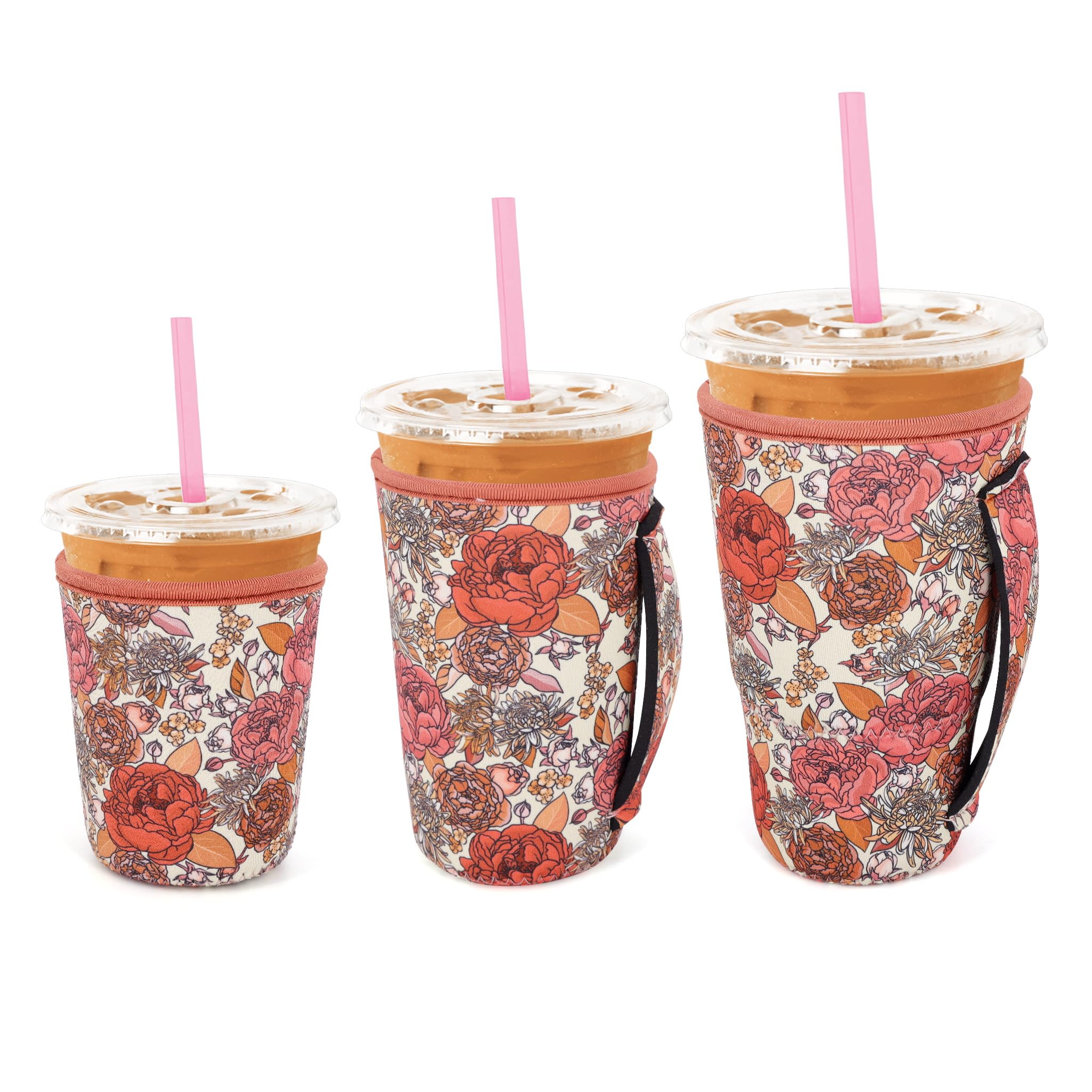 Photo 1 of 3 Pack Iced Coffee sleeve Insulated Neoprene Cup Sleeves with handle For Cold Drinks Beverages, Reusable Cup Holder for 16oz-32oz Coffee Cups (Flower Power)