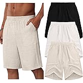 Locoowai 3 Pack Men's Linen Bermuda Shorts Casual 9 Inch Elastic Waist Shorts Summer Knee Length Beach Wear with Pocket