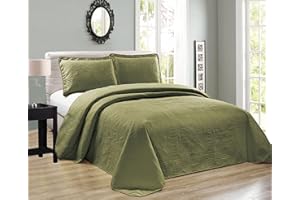 ELEGANT HOME DECOR Elegant Home Beautiful Over Sized Solid Color Embossed Floral Striped 3 Piece King/California King Size Coverlet Bedspread (King/Cal-King, Sage Green)