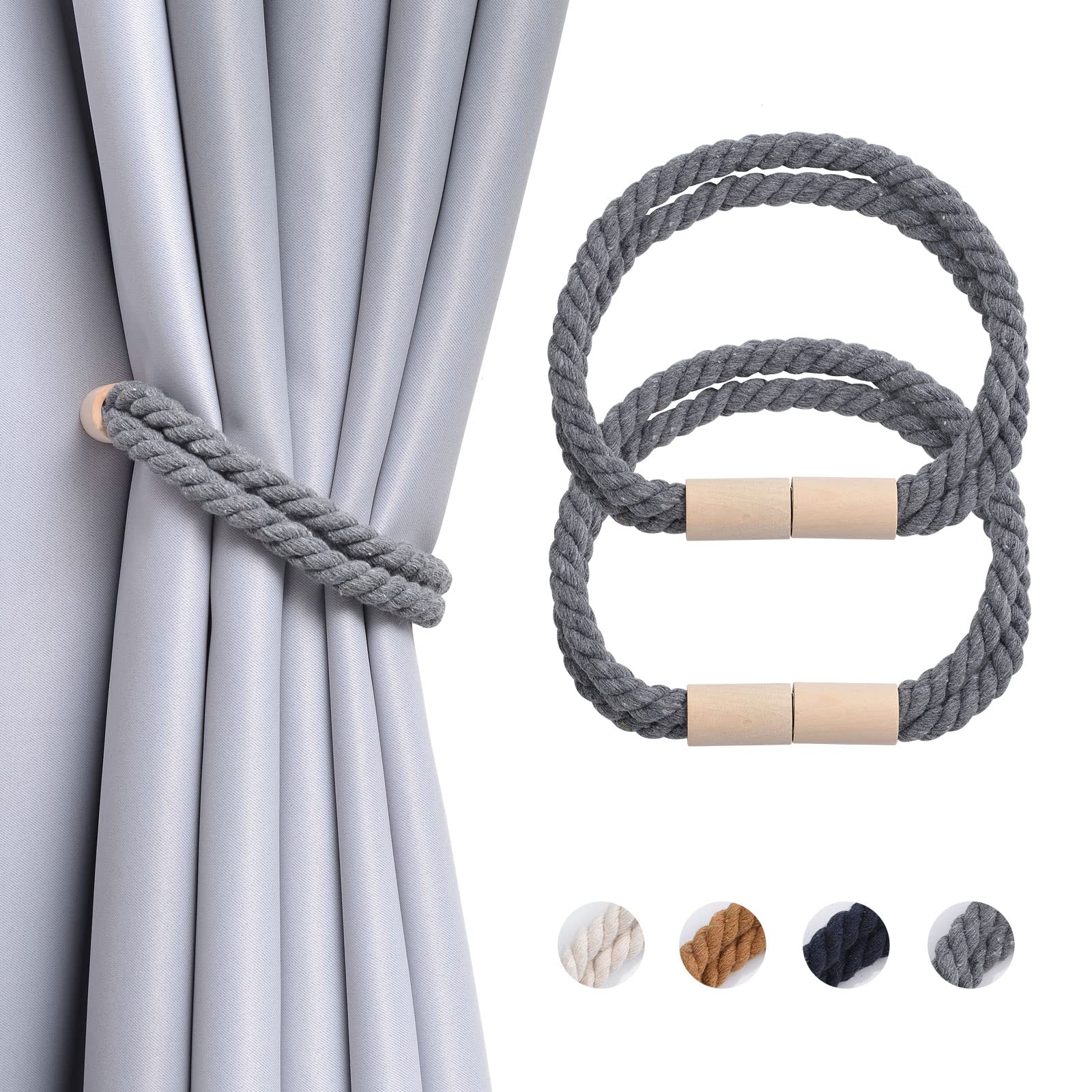 Pretty Jolly 2 Pack Wooden Magnetic Curtain Tiebacks Boho Decoration Drape Tie Backs Natural Cotton Handmade Double Rope Curtain Holdbacks for Thin or Thick Home & Office Window Drapery (New Grey)