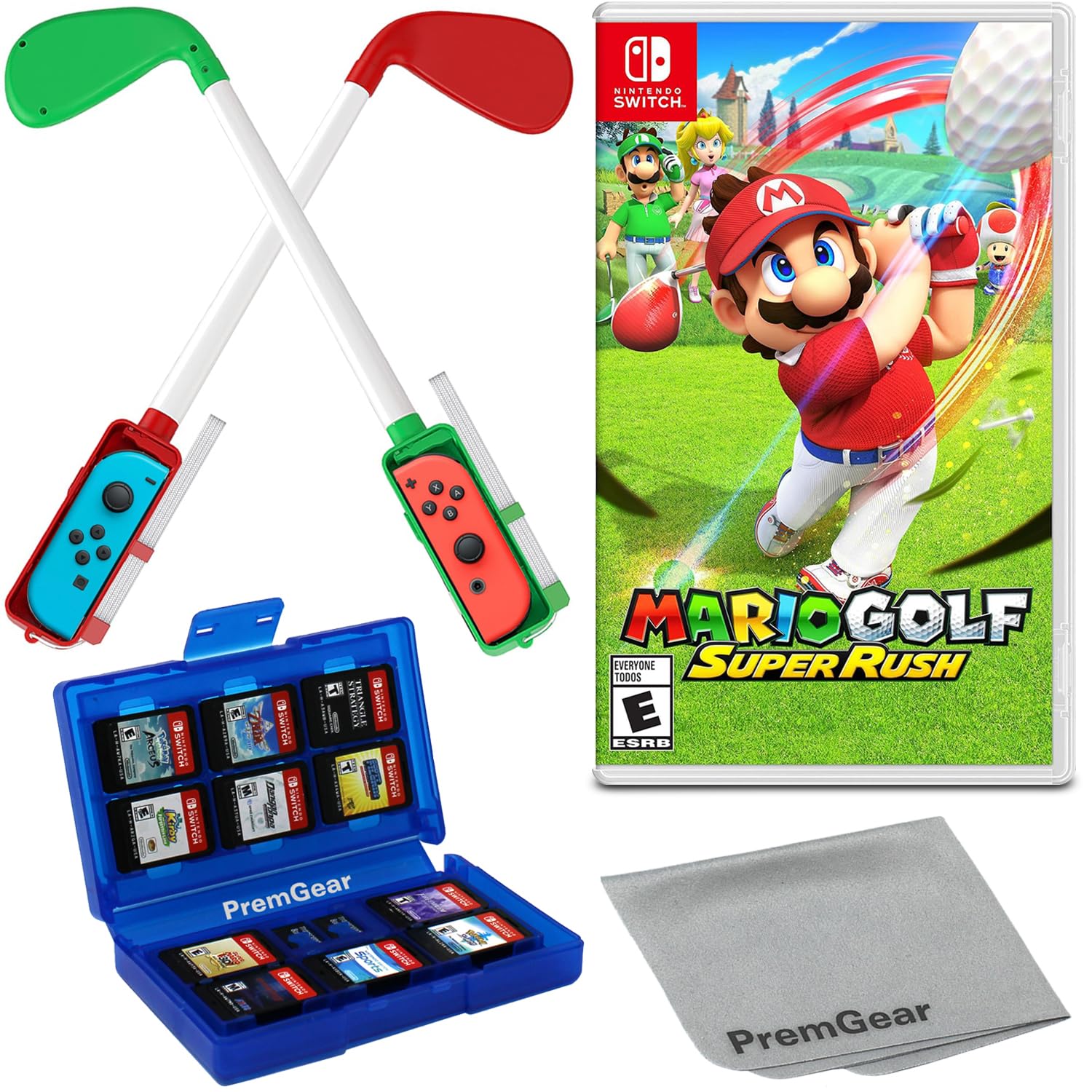 Mario Golf: Super Rush for Nintendo Switch (US Version), with Golf Clubs for Joy-Con Controllers (2 pack, Red & Green), 24 Slot Game Card Holder & Cleaning Cloth