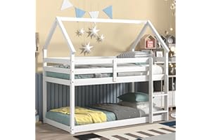HomSof Twin Over Twin Treehouse Loft Bed,House Bunk Beds Wood Bunked Frame for Kids Boys Girls Teens Juniors,White