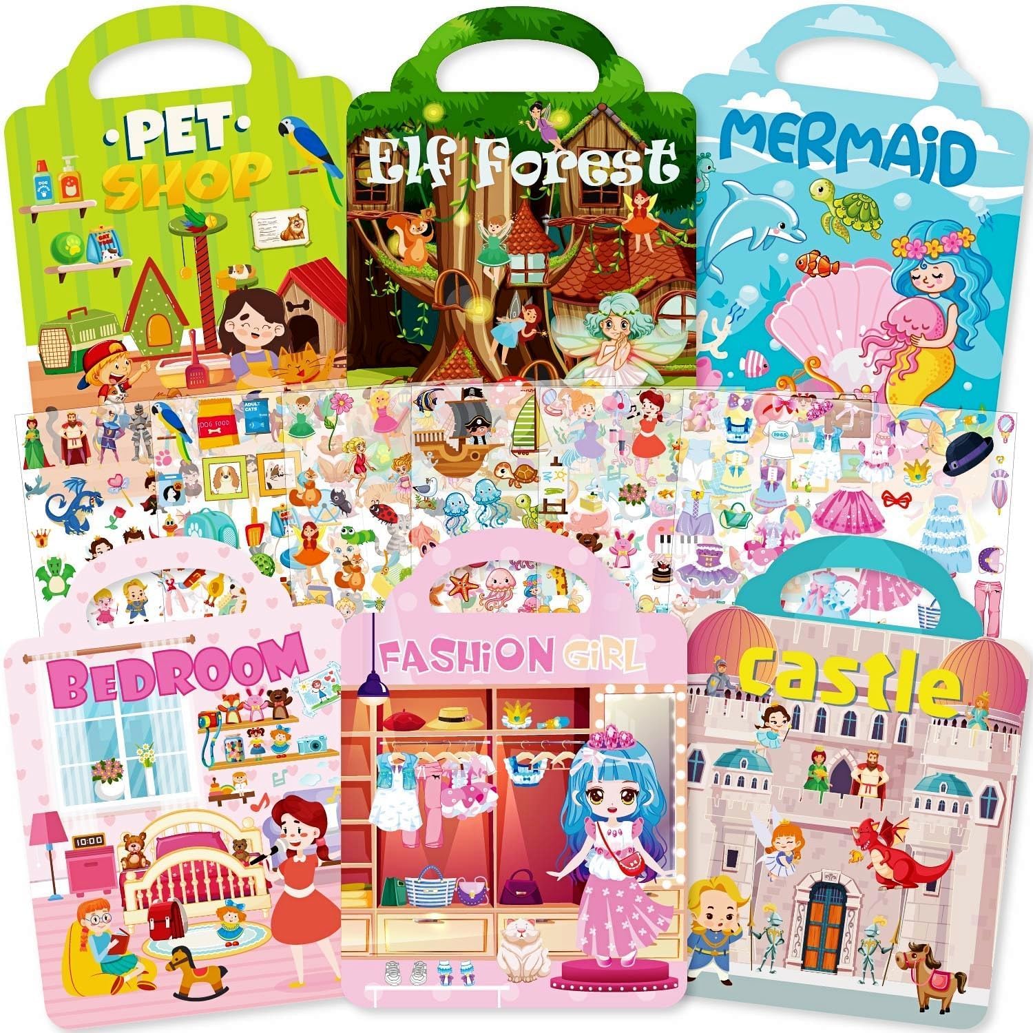 Aannanl Dress Up Reusable Sticker Books for Toddlers Ages 2-4 4-8,3D Puffy Stickers Activity Book Set-Princess Mermaid Fairies Castle Pet and Fashion Girls,Suitable for Kids Birthday Gifts (Dress up)