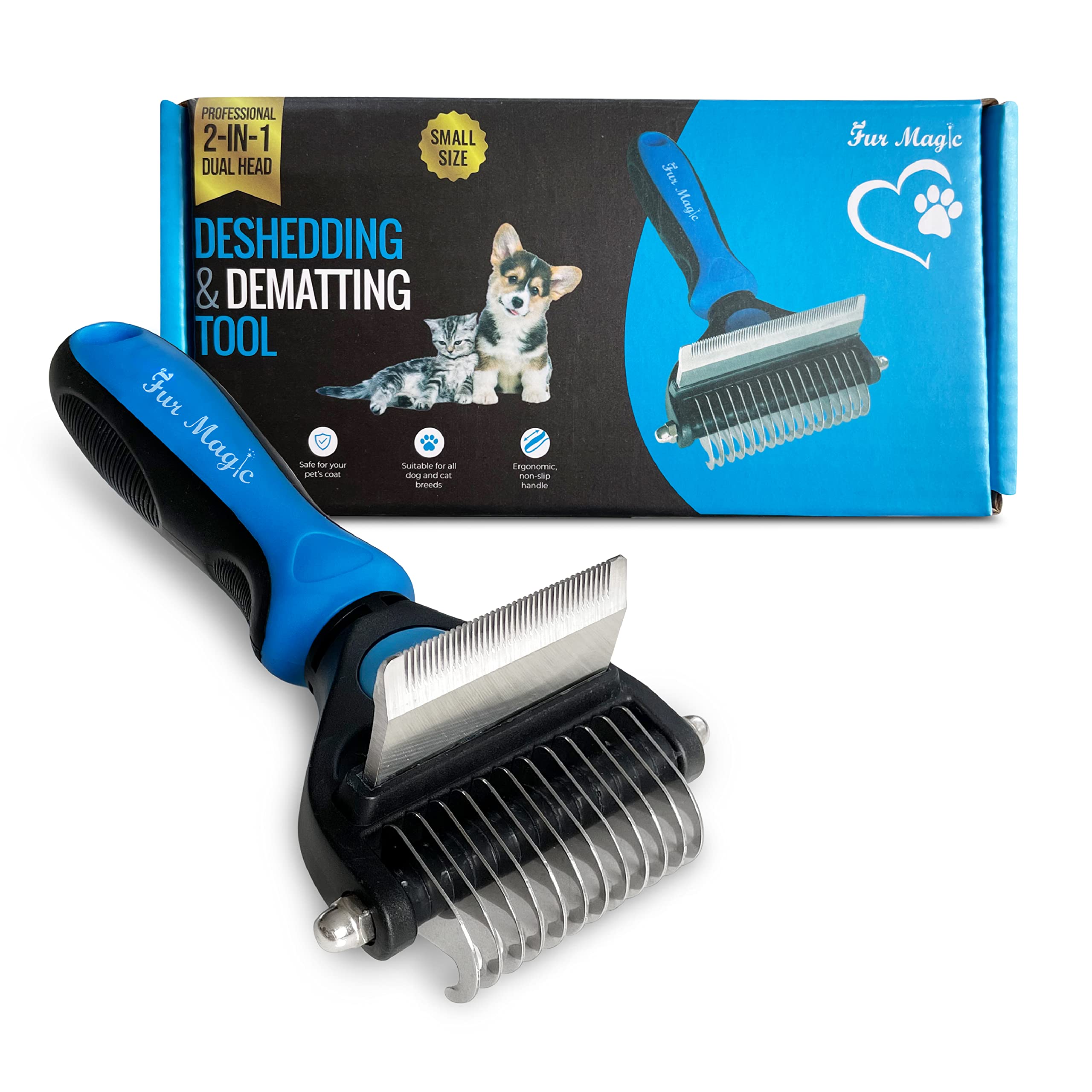 Fur Magic Deshedding and Dematting Tool – 2-in-1 Double-Sided Dog Grooming Brush for Long, Medium, Short Hair – Removes Knots, Loose Undercoat, Mats – Professional Pet Brush for Grooming Cats, Dogs