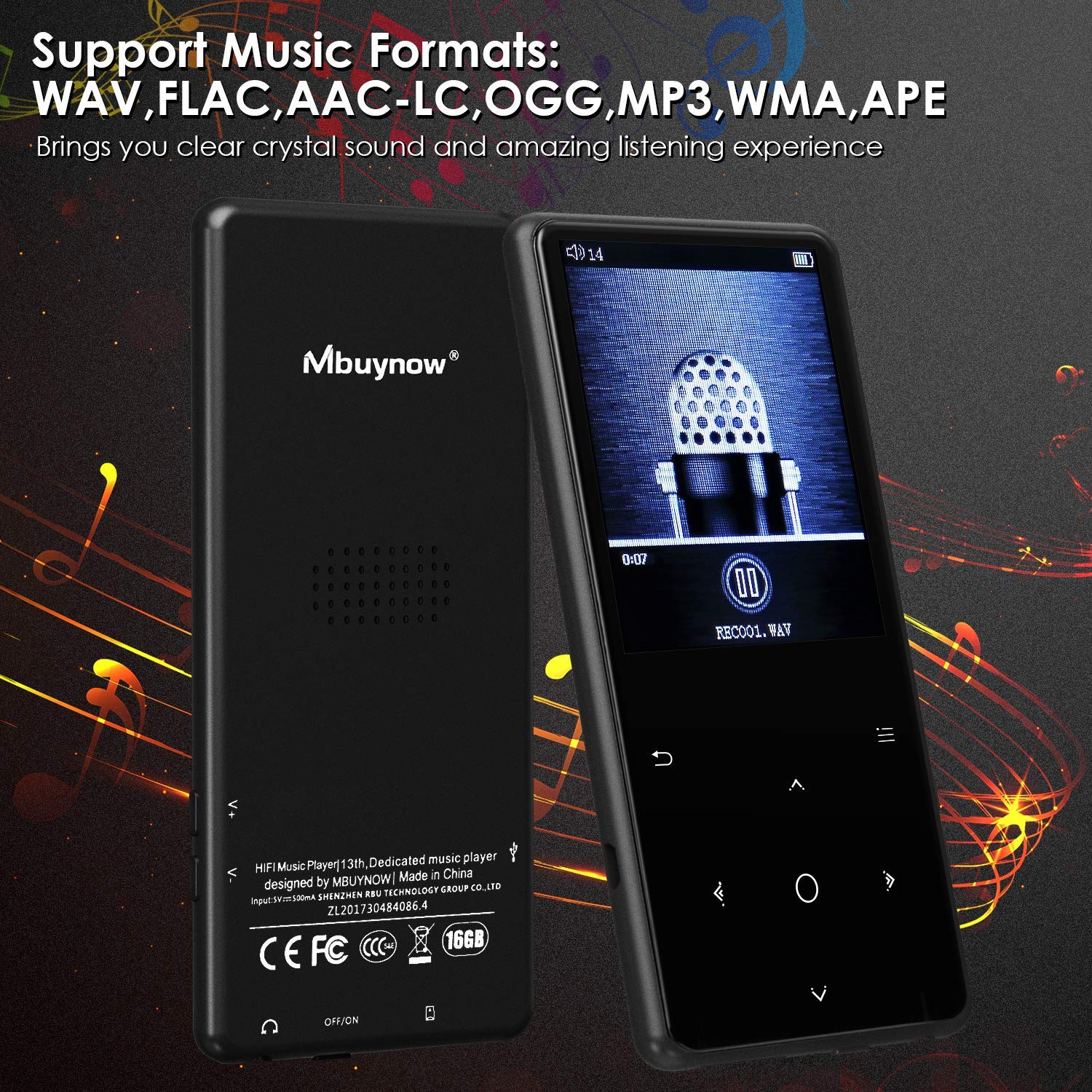MP3 Player with Bluetooth, Mbuynow 16GB Music Player 2.4 Inch Screen with FM Radio Voice Recorder HIFI Lossless Sound Touch button with Video E-Book Support Up to 128GB TF Card (Black)
