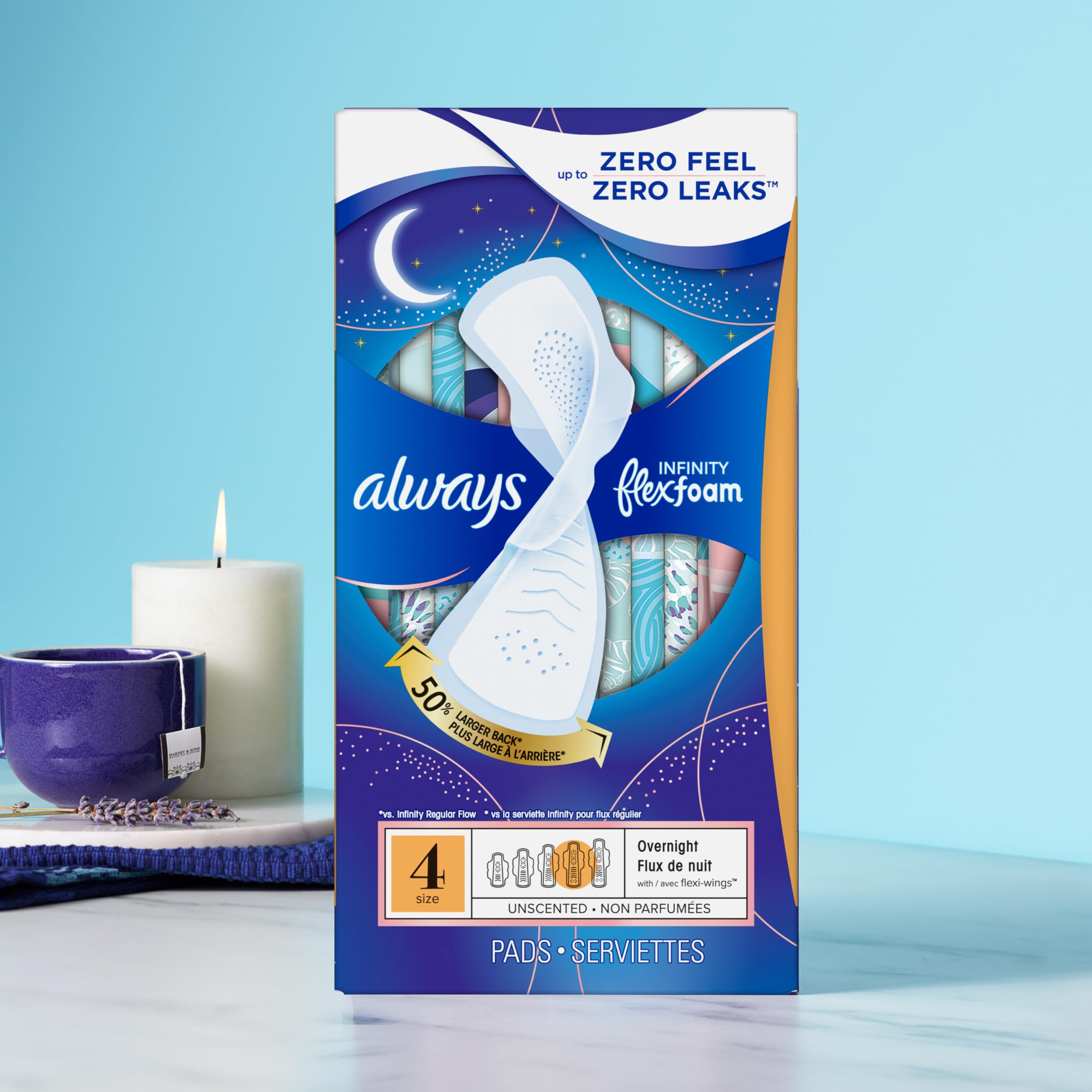 Always Infinity Feminine Pads for Women, Flexfoam Pads with Wings, Size 5, Extra Heavy Overnight Absorbency, Unscented, 66 Count (3 Packs of 22)