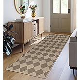 Rugalia Easy Jute Checkered Runner Rug, 2x6 Brown Modern Washable Rugs Runner for Hallway Non-Slip Long Kitchen Rug, Geometric Diamond Indoor Outdoor Carpet for Porch Laundry Entryway