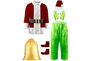 PrettyFirst Halloween Costumes Adult, Green Costume 8PCS Christmas Santa Claus Costume for Men Cosplay Costume With Mask