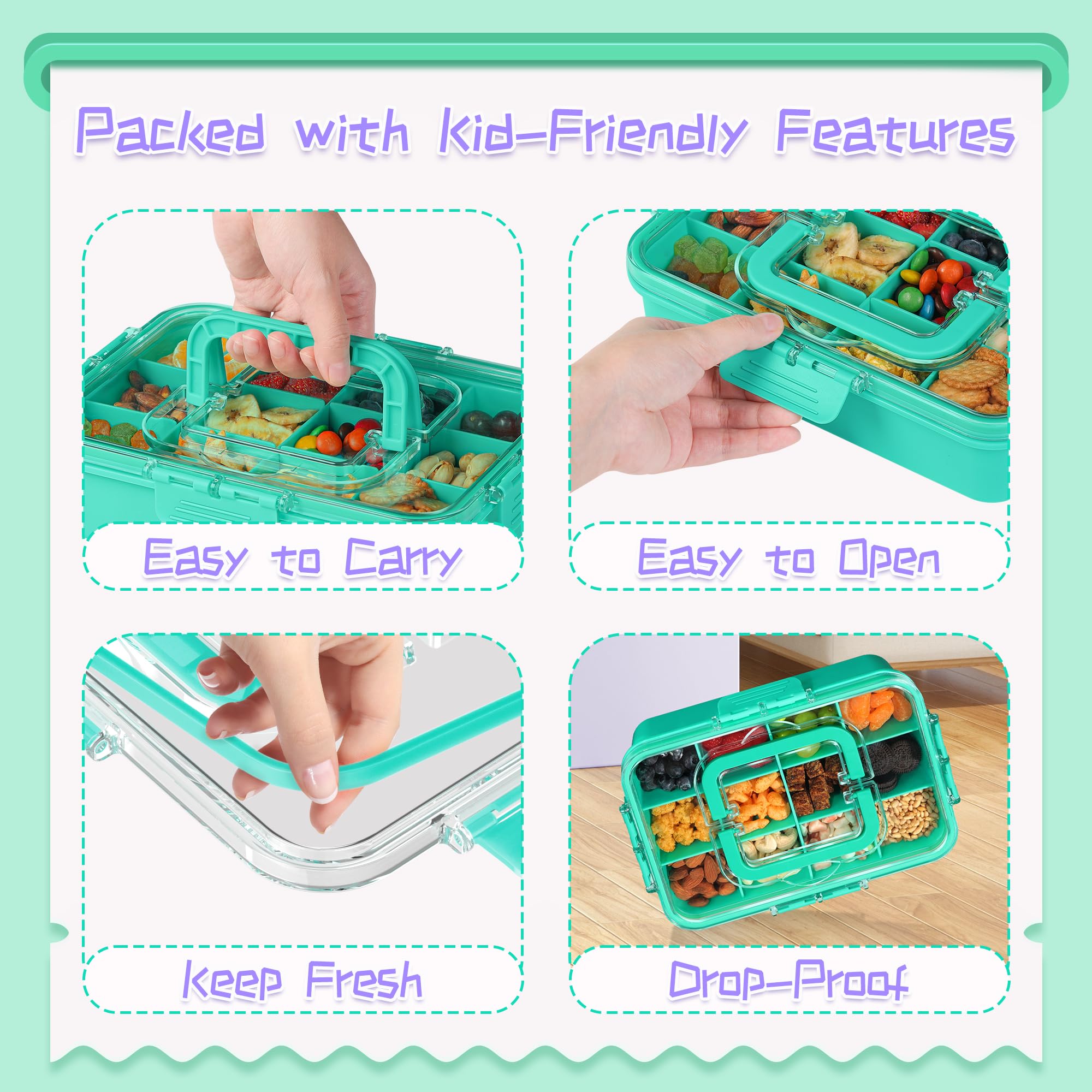 Xyptorix Snack Box Container for Kids - Adjustable 12-Compartment Snack Containers, Reusable Bento Box, Dishwasher Safe, BPA-Free, Perfect for School, Travel, Camping & Picnic, Green