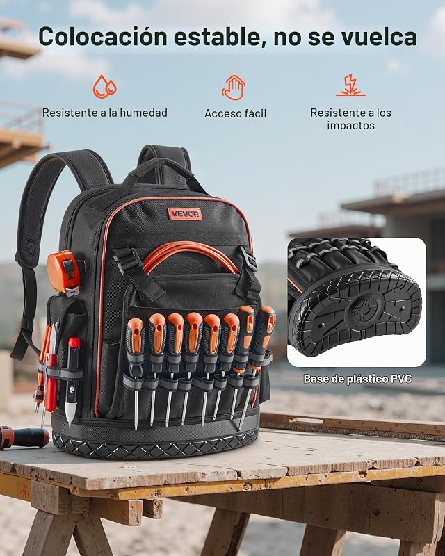 Mochila para Herramientas, Mochila de Trabajo 365 x 195 x 470 mm con 64 Bolsillos, Compartimento para Portátil y Base Moldeada, Organizador de Herramientas para Electricistas, Reparadores