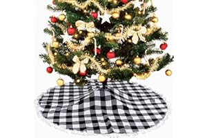 Pardecor Christmas Tree Skir 24in Black and White Buffalo Plaid Tree Skirt with Tassel Checkered Tree Skirt Luxury Xmas Tree Skirt for Christmas Decorations (24Inch, Black and White)