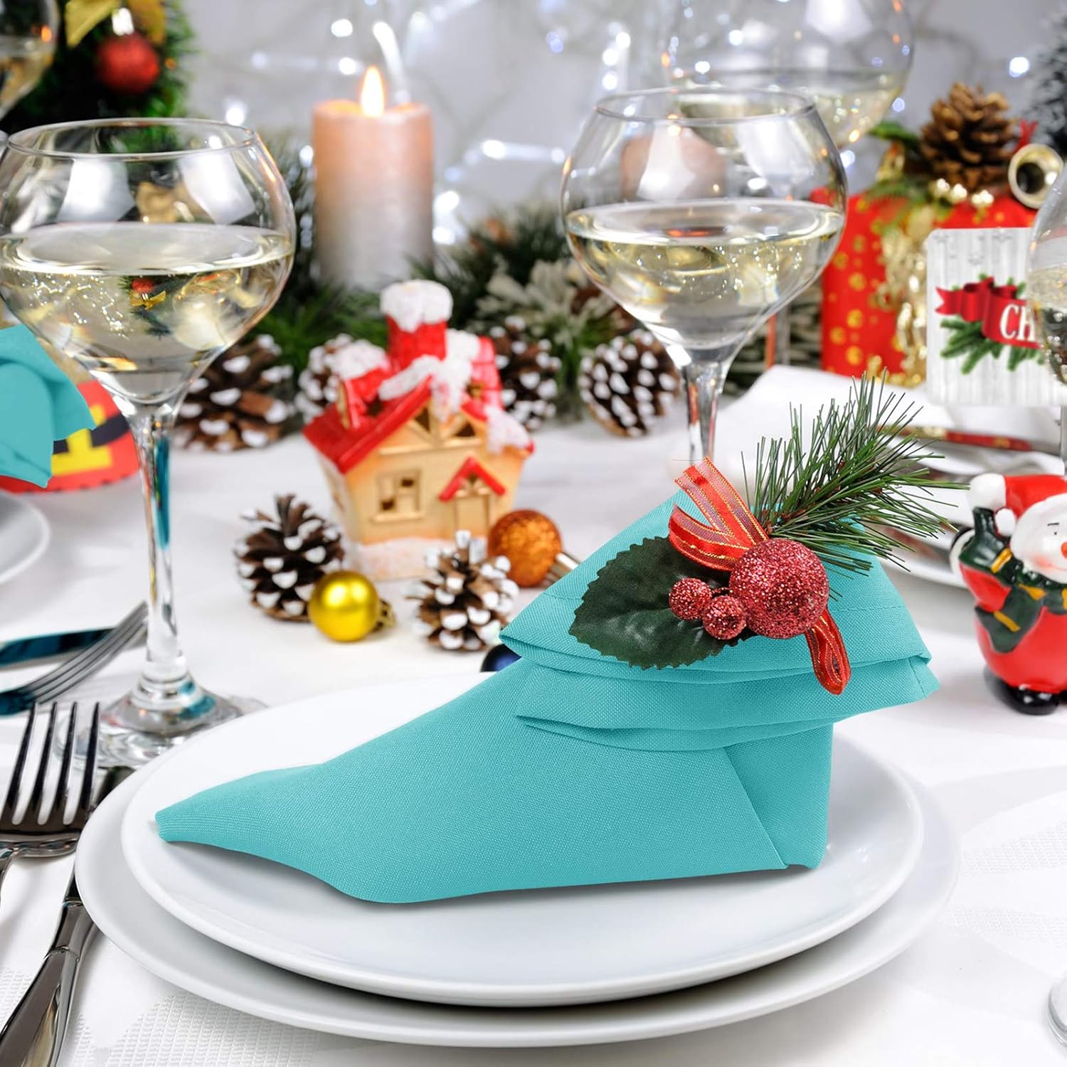 VEEYOO Cloth Napkins - Set of 12 Pieces 17 x 17 Inch Solid Polyester Table Napkins - Soft Washable and Reusable Dinner Napkin for Weddings, Parties, Restaurant (Turquoise Napkins Cloth): Home & Kitchen
