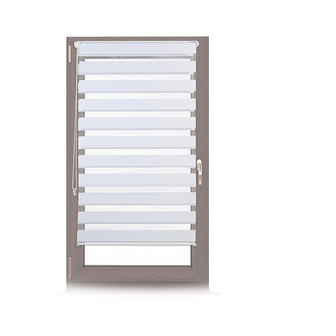 Relaxdays Doppelrollo Klemmfix ohne bohren, Seitenzugrollo mit Streifen, Duo-Rollo für Fenster, Stoff 66x156 cm, weiß