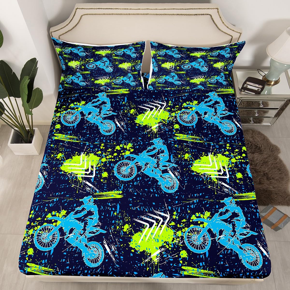 Motercycle Fitted Sheet King Size, Motocross Rider Biker Bed Cover with 2 Pillowcases, Extreme Sports Theme Bedding Set 3pcs for Kids Teens Room Decor, Soft Polyester Bedding