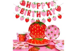 16 Guests Strawberry Birthday Party Tableware Set, Cute Fruits Plates Napkins Cups Tablecloth Banner etc for Strawberry Birth