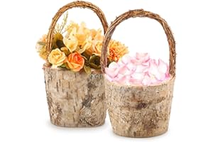 LemonRoad 2 Pcs Flower Girl Basket Retro Wooden Bark Style Small Baskets with Handles for Wedding Floral Decoration Wedding Flowers Candy Storage and Home Decoration