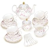 fanquare 21-Piece English Gold Vine Floral Bone China Tea Sets | Porcelain Tea Service with Sugar Bowl Creamer Teacups for Women TeaParty Family Gathering Home Décor