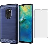 Asuwish Phone Case for Huawei Mate 20 with Tempered Glass Screen Protector Cover and Cell Accessories Soft TPU Full Body Protective Huwai Hwauei Hawaii Mate20 P20 Carbon Fiber Women Men Navy Blue