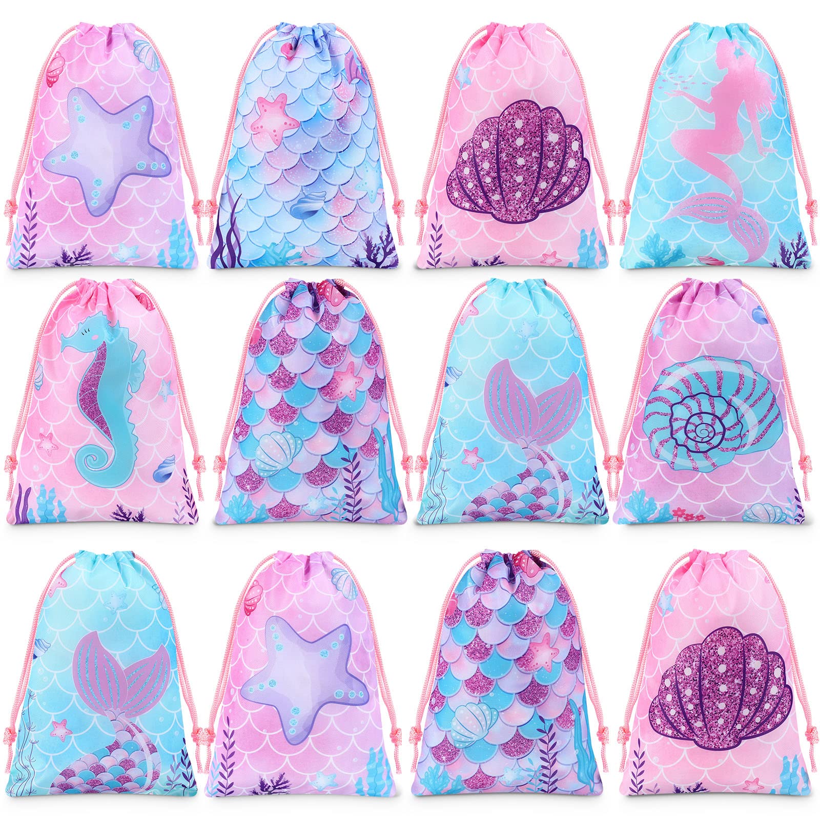 Clabby 12 Pcs Mermaid Drawstring Backpack Bulk Mermaid Party Favor Bags Candy Gifts Treat Bags for Birthday Party Supplies Fish Scales Under the Sea Ocean Theme Decoration