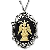 Real Metal Sitting Satanic Baphomet Cameo In Silver Finish Frame Necklace Pendant Ivory on Black