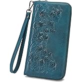MEITRUE Womens Wallet Large Capacity Phone Clutch Purse RFID Floral Embossed Vegan Leather Travel Wallet with Wristlet Peacock Blue