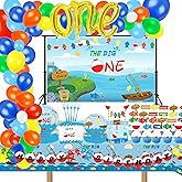217 Pcs Ofishally One Birthday Decorations Gone Fishing Dinnierware The Big One Balloon Garland Banner Cake Cupcake Topper Table Cloth for Fishing Theme 1st Birthday Baby Shower Party Supplies