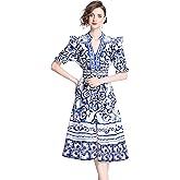 LAI MENG FIVE CATS Women's Button Up V-Neck Short Puff Sleeve Floral Print Split Casual Midi Dress