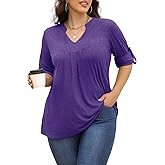 Blocac Plus Size Tops for Women V Neck Roll Sleeve Shirts Pleated Casual Loose Fit Blouses Tunic Top
