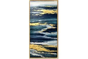 Sofoney - Hand Painted Blue and Gold Wall Decor Textured Blue Abstract Canvas Wall Art with Gold Foil for Living Room Bedroom Office Large Vertical Modern Oil Painting - 40"x20" Gold Framed