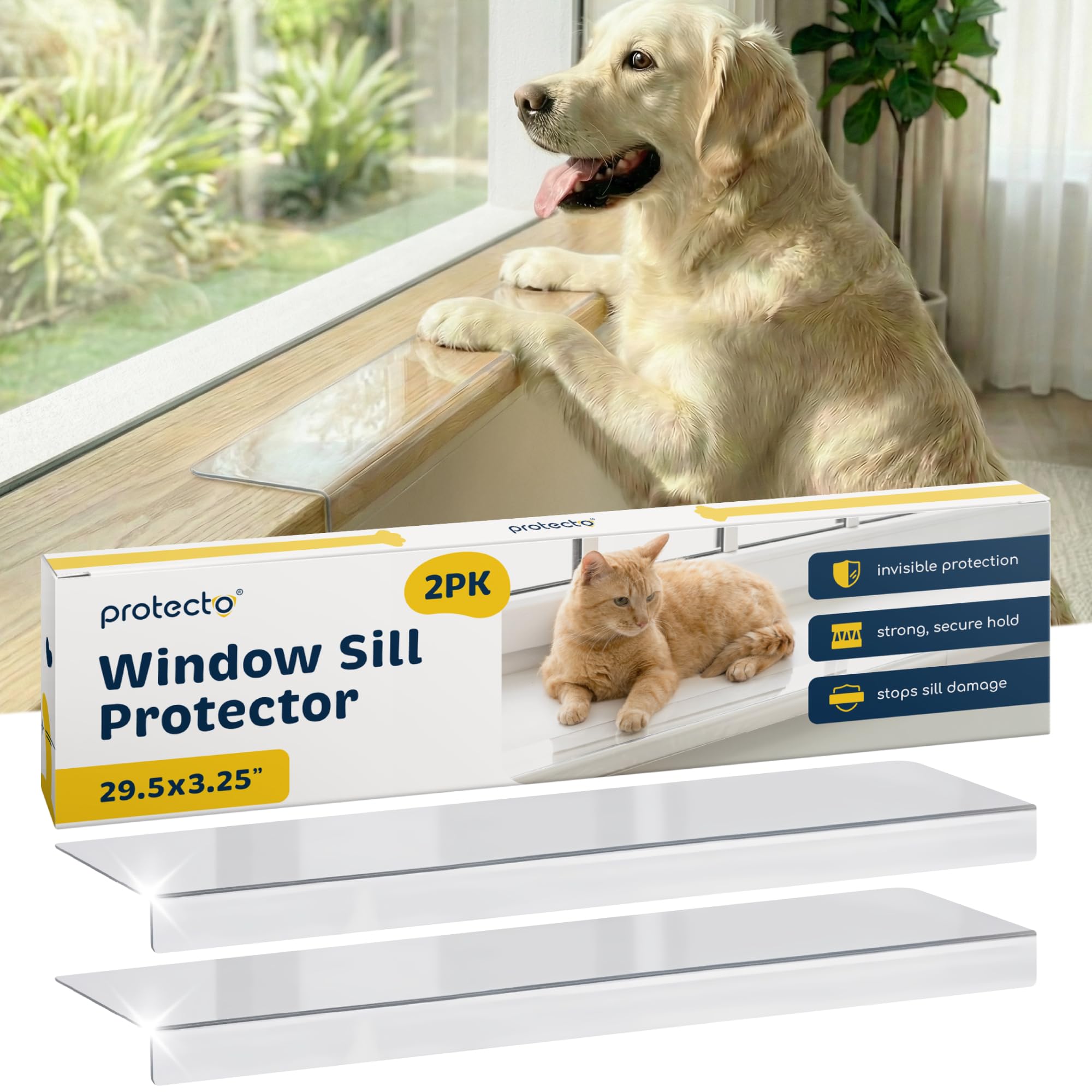 Protecto Clear Window Sill Protector - 2-Pack 75X8.5cm Ultra-Strong Window Guards from Dog & Cat Scratching Chewing & Clawing, Keep Your Sill Smooth & Paws Safe, Anti Scratch Window Sill Cover