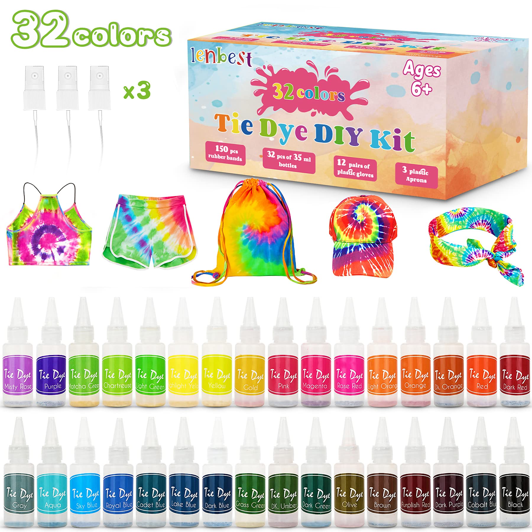lenbest DIY Tie-Dye Kit, 32 Dyeing Kit for Kids, Adults and Groups, Non-Toxic Shirt Fabric Color, Add Textile Color Machine Washable, Parties, Gatherings, Festivals