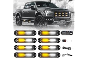AMEXMART 8Pcs Amber White Strobe Lights for Trucks, LED Emergency Warning Flashing Grille Lights Surface Mount Ultra Slim Sync with Control Box for Construction Firefighter Trucks Vehicles Car