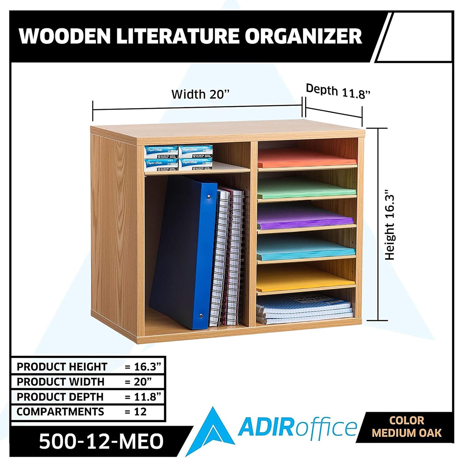 AdirOffice Wooden Literature Organizer Sorter - Stackable File Mail Craft Paper Storage Holder with Removable Shelves for Office, Classrooms, and Mailrooms Organization (12 Compartment, Medium Oak) : Office Products