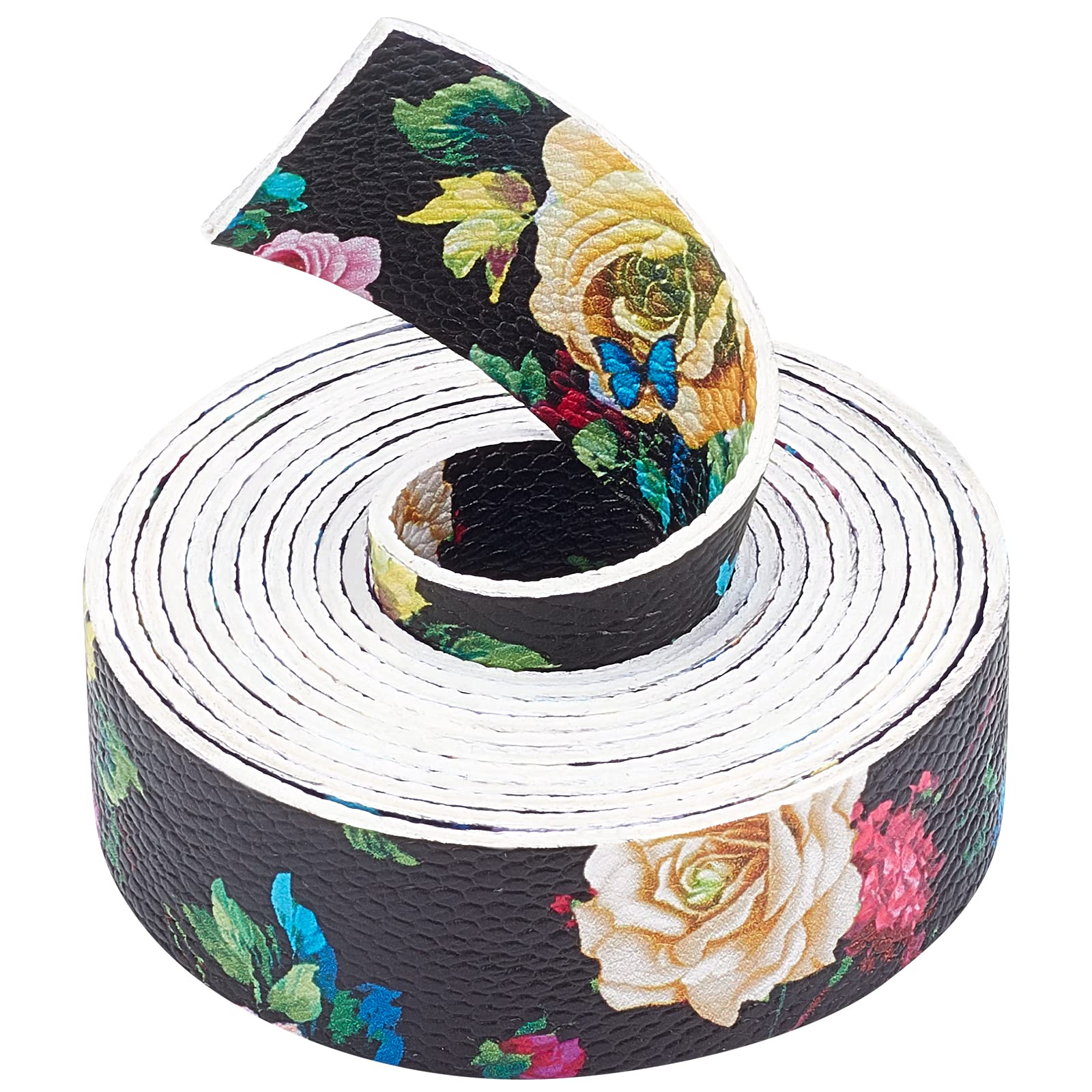 GORGECRAFT Double Sided Printed Leather Strap Strip 1 Inch Wide 79 Inch Long Flower Black Leather Belt Strips Wrap Flat Cord for DIY Crafts Projects Clothing Jewelry Wrapping Making Bag Handles