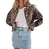 Justalwart Women's Leopard Print Retro Shape Button-up Front Bomber Jacket