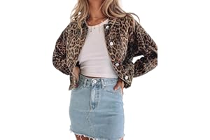 Justalwart Denim Jacket for Women Leopard Print Retro Shape Button-up Front Bomber Jacket