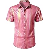 ZEROYAA Men 70s Shiny Short Sleeve Button Down Shirt Fashion Sparkle Disco Dress Shirts