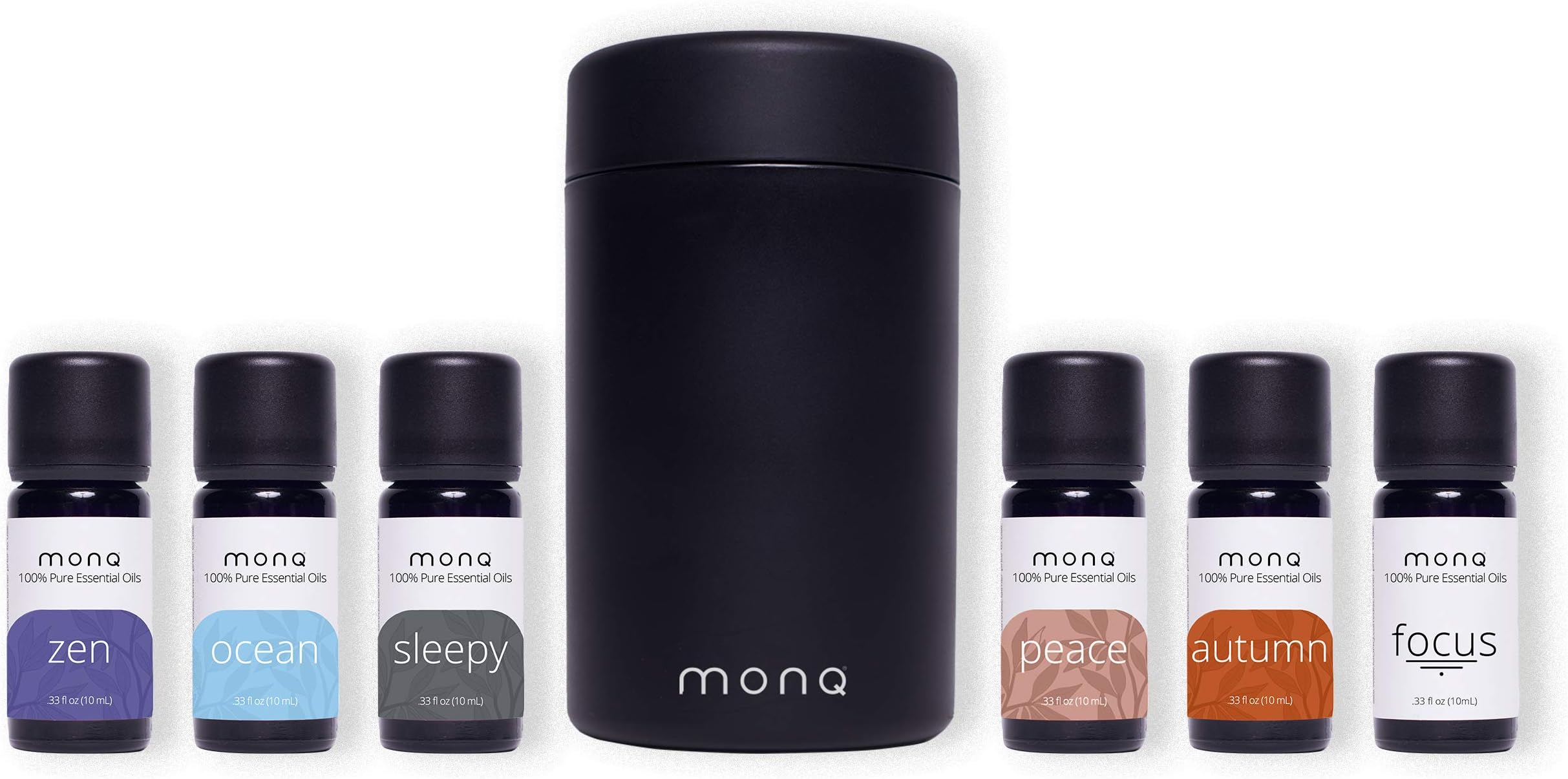MONQ Aromatherapy Anywhere Gift Set - 6 pack 10mL FOCUS, Zen, Peace, Sleepy, Ocean, Autumn and Water-less Portable Diffuser