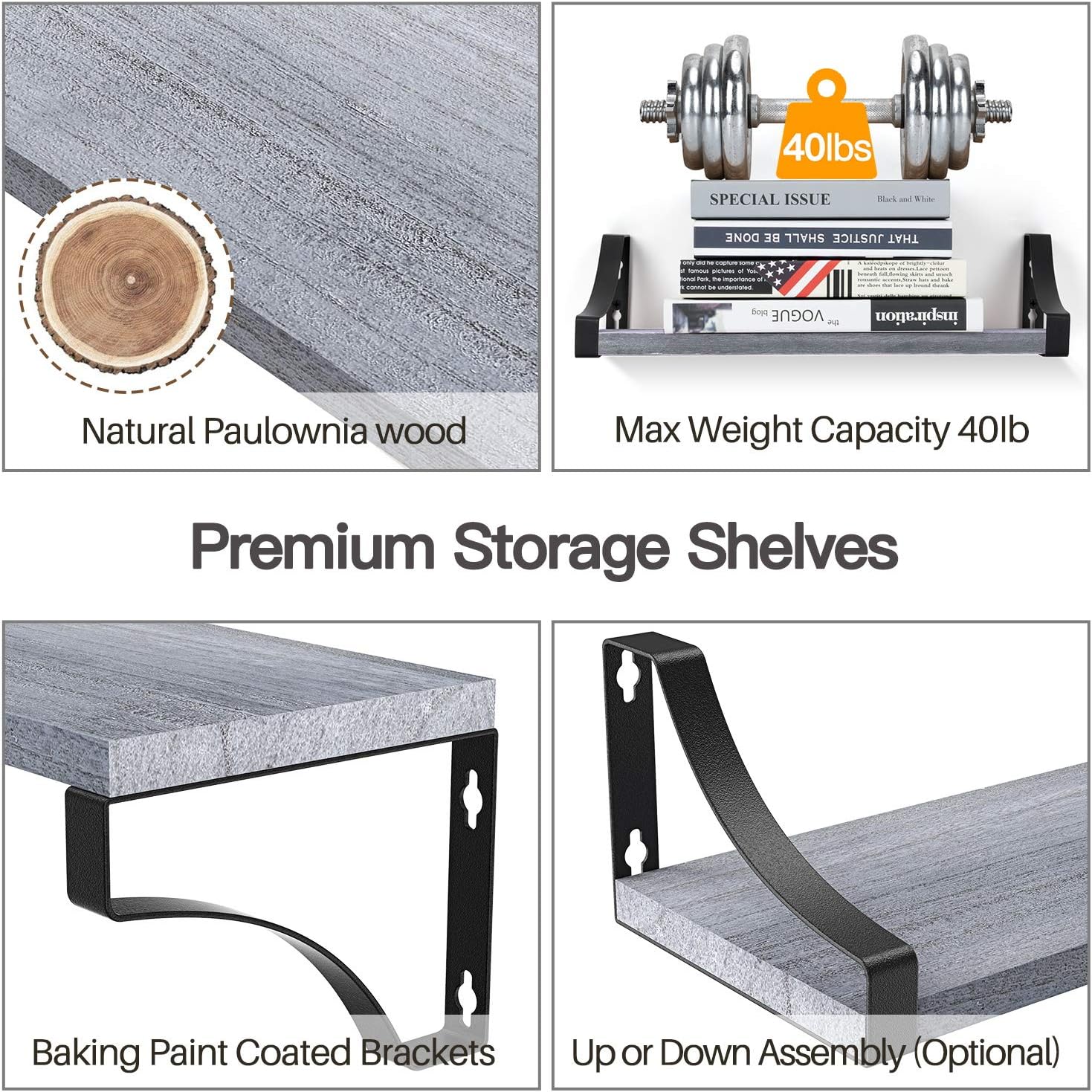 Amada Floating Shelves Wall Mounted, Rustic Paulownia Wood Wall Shelves Set of 3 for Bedroom, Bathroom, Living Room, Farmhouse Kitchen, Gray: Furniture & Decor
