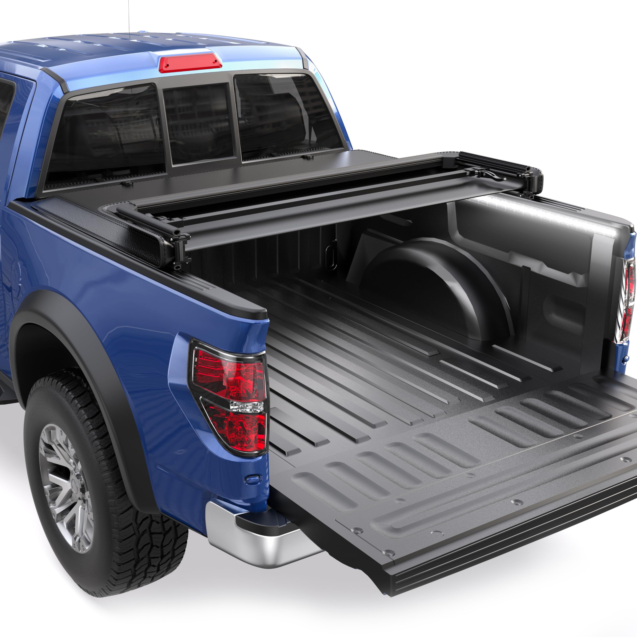 KUIPERAUTO 5.5 FT Tri 3-Fold Soft Folding Truck Bed Tonneau Cover On Top Compatible with 2015-2025 Ford F150 F-150 Bed 3 Fold Styleside w/LED Light Strip,67inch