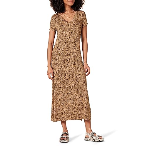 Amazon Essentials Women's Jersey V-Neck Short Sleeve Midi Length Dress, Dark Camel Animal Print, X-Small