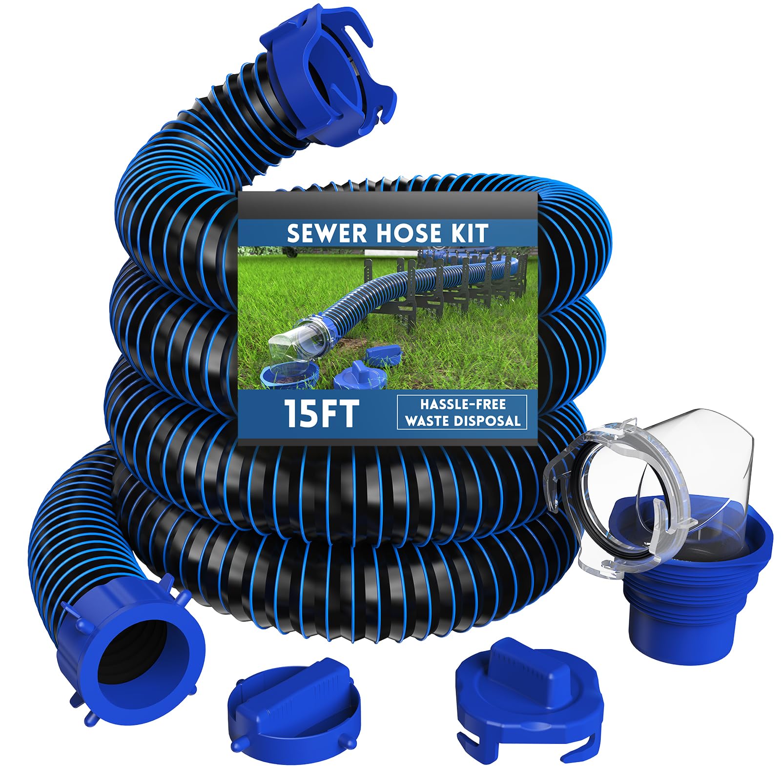 Photo 1 of DUMPMAN RV Sewer Hose 15 FT, Sewer Hose for RV Camper RV, Sewer Hose Kit with Swivel Fitting - Includes 90 Degree Clear View Sewer Adapter, and 2 Storage Caps