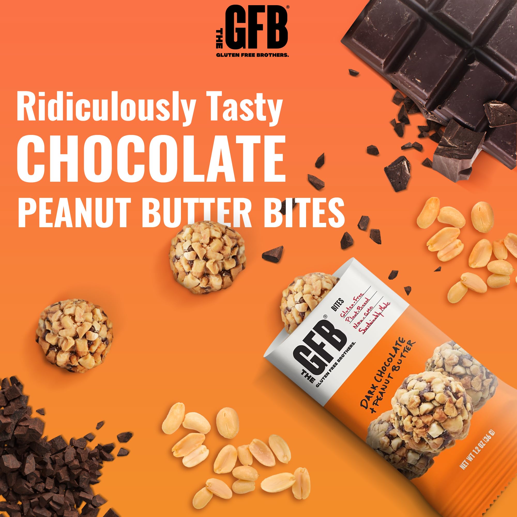 The Gluten Free Brothers Dark Chocolate Peanut Butter Bites - Gluten Free Protein Balls – Non GMO, Soy Free, Vegan – Snack Size Plant Based Protein Energy Balls, 1.2 oz (10 Count)