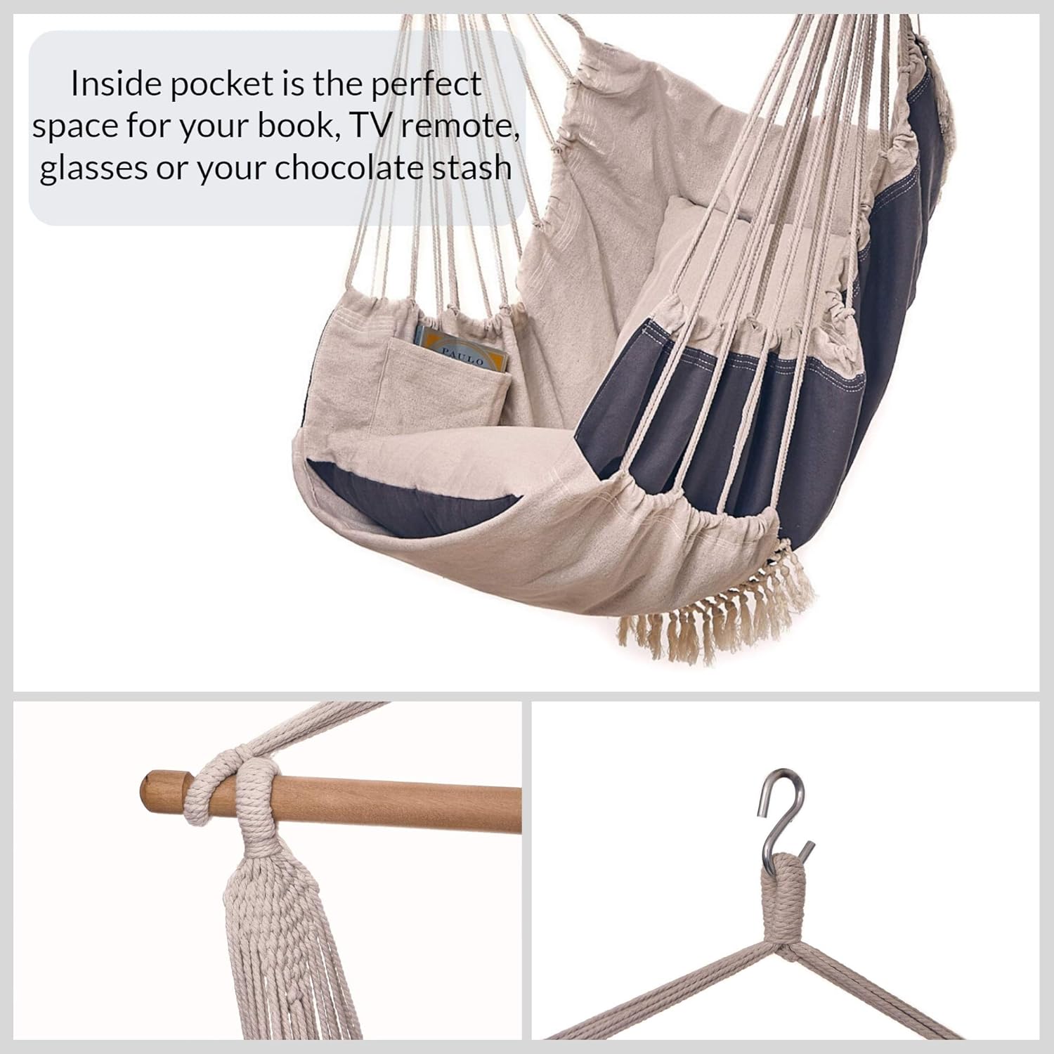 Bdecoru Hanging Hammock Chair Large Swing Chair | Sitting and Reclining Positions | 2-Layer Fabric for Extreme Durability | 2-Tone Beige and Gray Plus 2 Cushions and Side Pocket | Indoor/Outdoor Use: Furniture & Decor