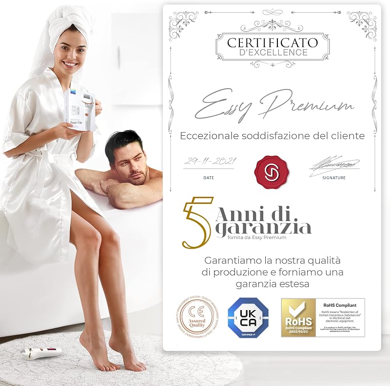 Lima per Piedi Elettrica Ricaricabile con 5 Rulli di Ricambio (Bianco)