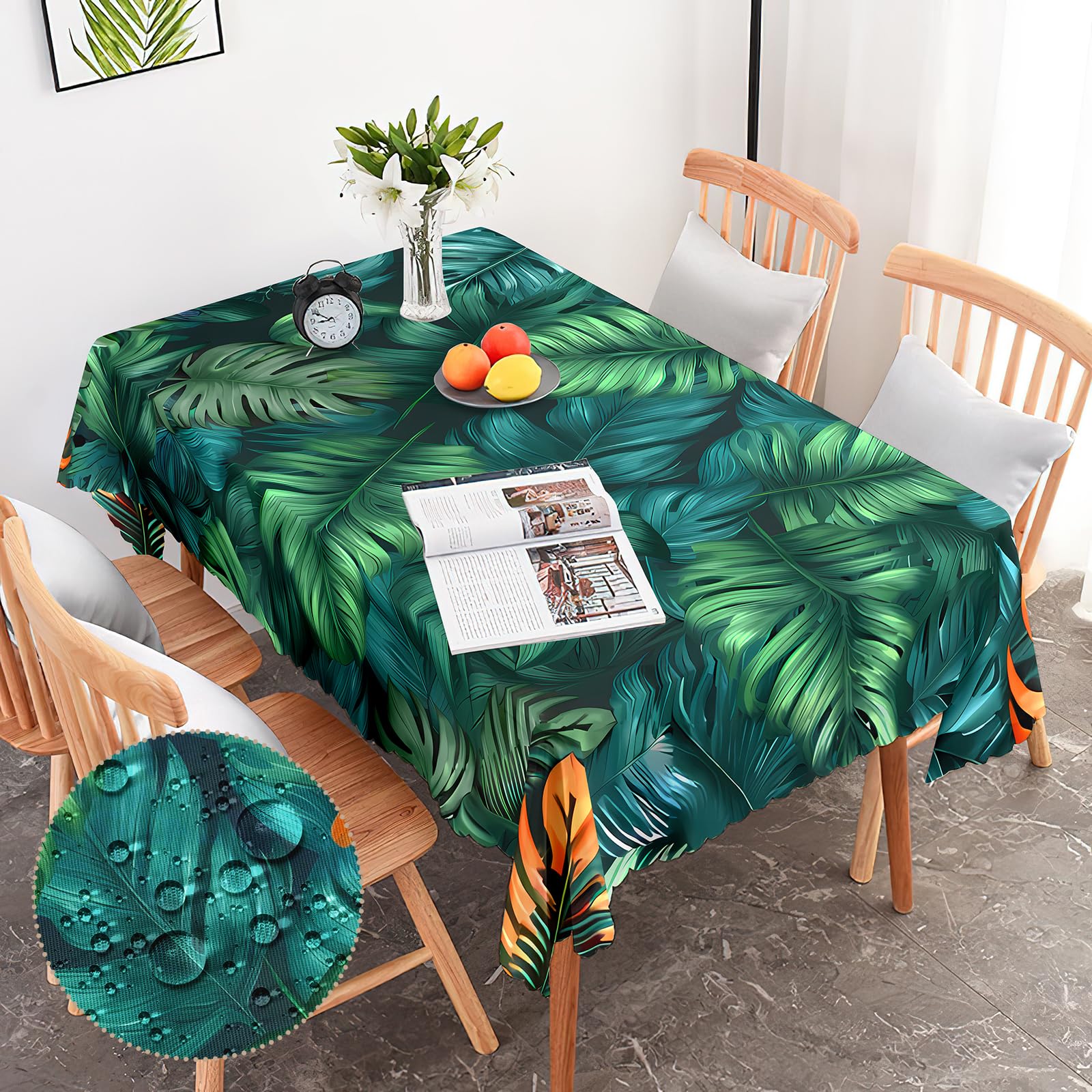 G-dake Tablecloth Wipe Clean Rectangular, Hawaiian Palm Leaves Polyester Table Cloth Waterproof Wrinkle and Stain Resistant Table Cover for Kitchen Dinner Picnic Party Outdoor (150x220)