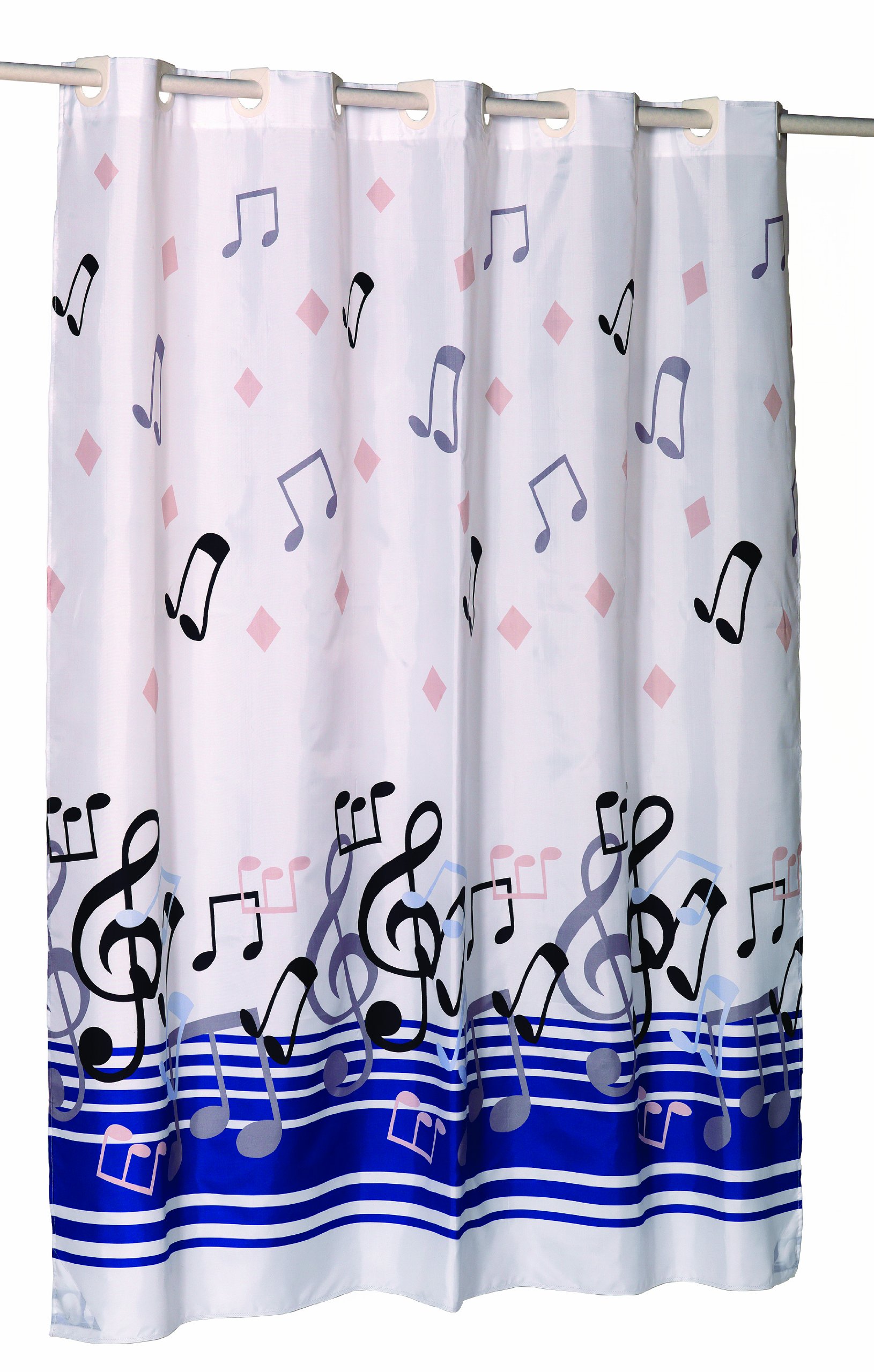 Carnation Home Fashions EZ On No Hooks Needed! 54 by 78-Inch Fabric Shower Curtain, Stall Size, Blue Note, Multi Color